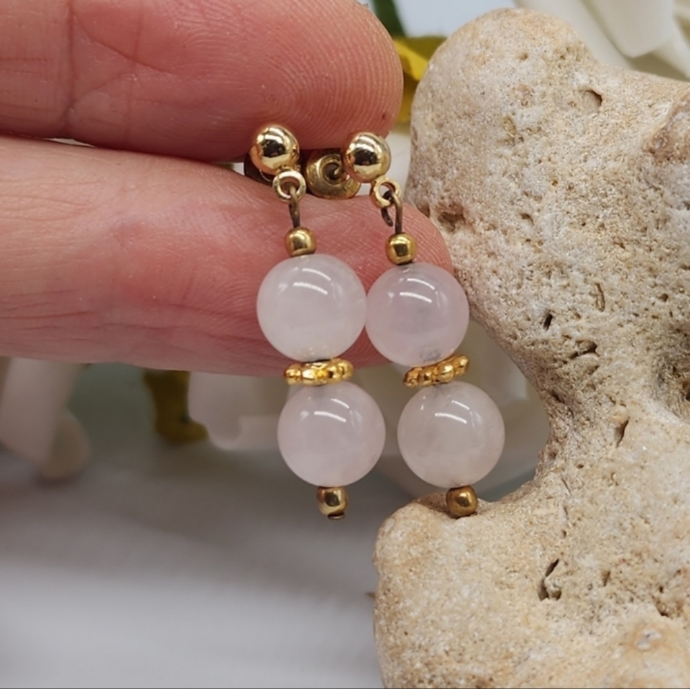 Natural Roze Quartz Stones vintage Minimalist Gold Studs Lightweight Earrings - Picture 3 of 6